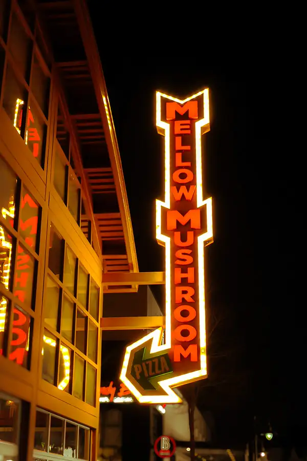 Neon Mellow Mushroom sign glowing at night