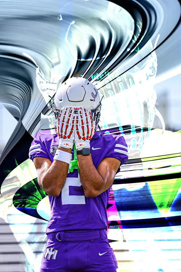 Football player hiding his face behind his gloves in a swirled background