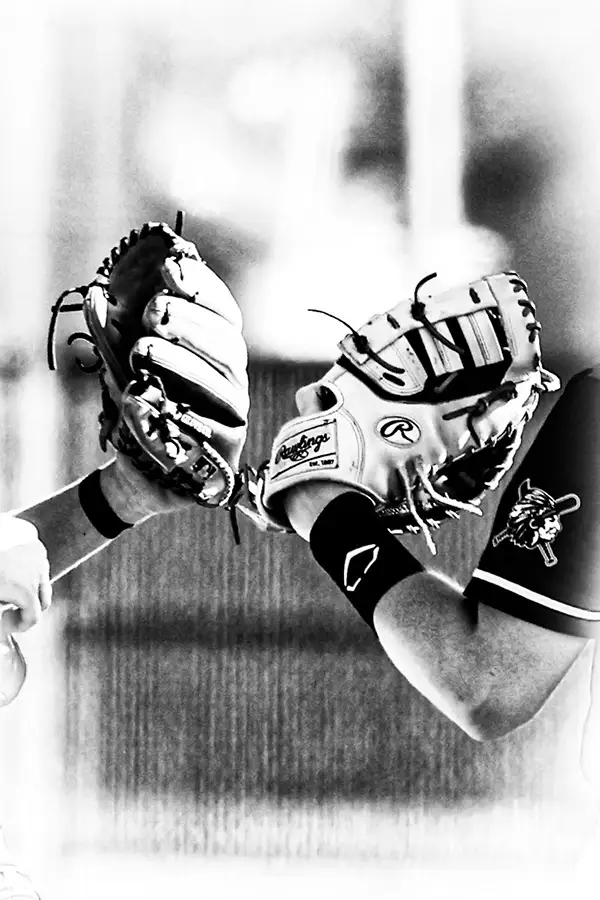 High-contrast black-and-white close-up of two batting gloves