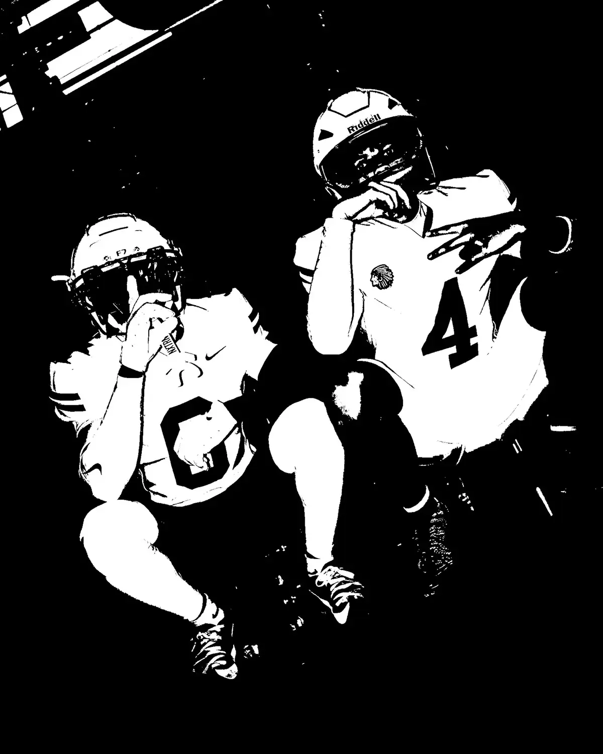 Black-and-white high-contrast edit of two football players